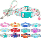 Dog Collar with Leash Airtag Holder Case Set - Dog Collars for Male Female Boy Girl Puppy X-Small Small Medium Large Dogs Walking Running Training - Lily Flower/M