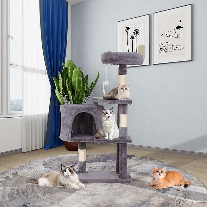 36-Inch Ergonomic Cat Activity Tower with Sisal-Wrapped Columns & Toys - Modular Design Saves Floor Space While Providing 3-Tier Vertical Play Zones for Multiple Indoor Cats（Light Grey）