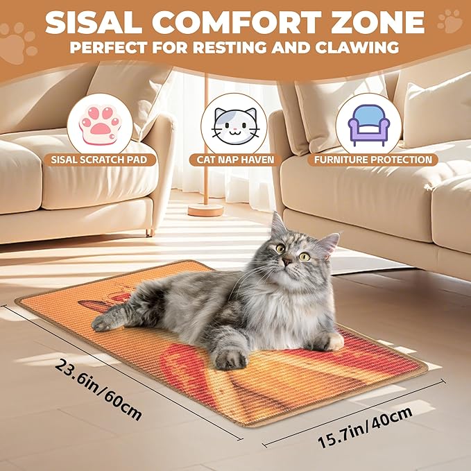 Sisal Cat Scratcher Mat, Cat Wall Scratcher for Indoor Cats, 23.6x15.7 Inch Cat Scratch Pad with Hook & Loop, Wall Mounted Cat Scratching Post to Protect Couch and Carpet（Radiant Cat）