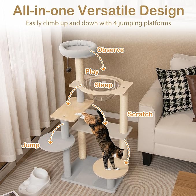 Tangkula Modern Cat Tree, 44 Inch Multi-Level Cat Tower with Removable Padded Top Perch, Sisal Scratching Posts, Jumping Platforms, Dangling Ball, Kitty Activity Center for Indoor Cats