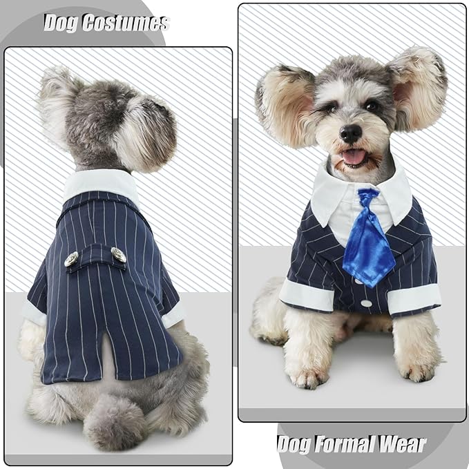 DENTRUN Navy Blue Dog Tuxedo - Formal Pinstripe Pet Suit Shirt with Satin Tie, Elegant Wedding Outfit Birthday Party Attire for Chihuahua Yorkie Shih Tzu Pomeranian Small Dogs (Polyester), S