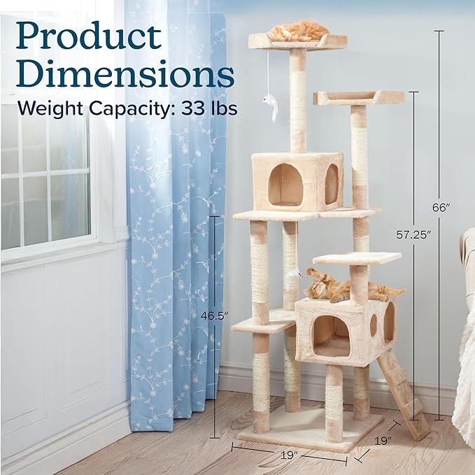 Cat Tree - 5.5-Foot Cat Tower for Indoor Cats with Perches, 2 Condos, 9 Cat Scratching Posts, 2 Hanging Toys, and 2-Step Ladder by PETMAKER (Beige)