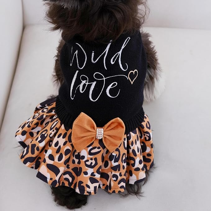 CuteBone Leopard Brown Dog Sweater Dress Wild Love Knit Turtleneck Puppy Sweater with Bowtie Harness Hole Pullover Winter Dress for Medium Dogs