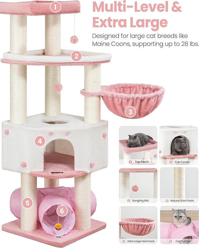 Heavy Duty Cat Tree for Large Cats Adult - 60 Inch XXL Sturdy Cat Tower Condo with Extra Wide Scratching Posts (φ4.4in) Big Cat House Hammock Perch - Indoor Wood Modern Multi Level Corner Cat Bed