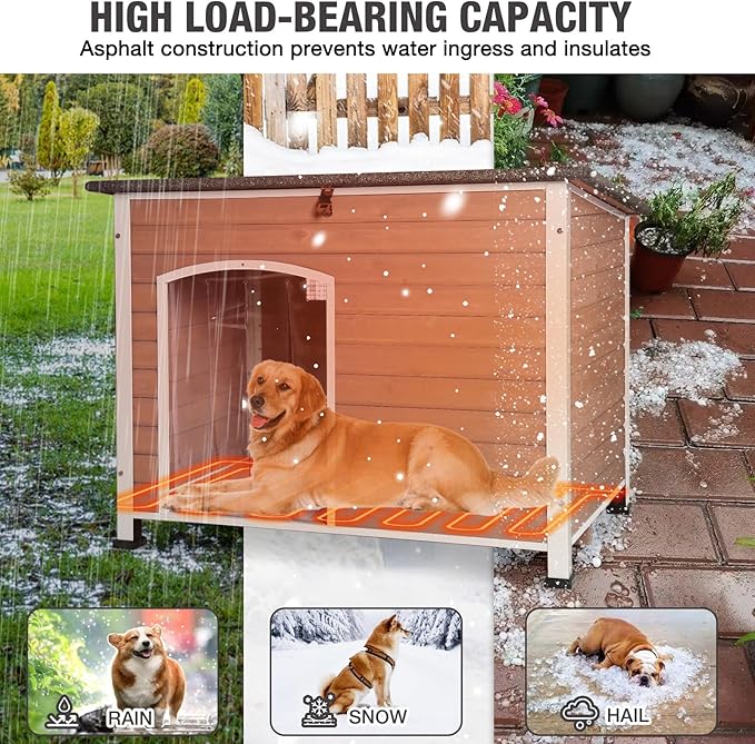 43.3'' Large Heated Outdoor Dog House Weatherproof with Anti-bite Metal Frame, Insulated Dog Kennel with Heating Pad for Outside, Dog Shelter for Small to Large Dogs (Light Brown)