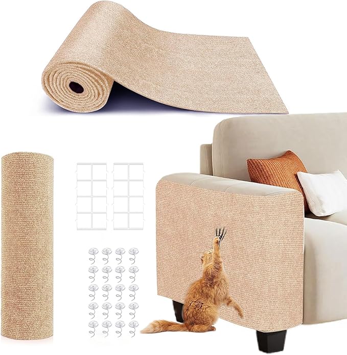 78.7"X15.8" Self-Adhesive Cat Scratching Mat, Couch Protector from Cat Claws, DIY Furniture Protector for Couch, Sofa, Wall & Door, Customizable Couch Scratcher from Cats Claws, No Residue (Beige)