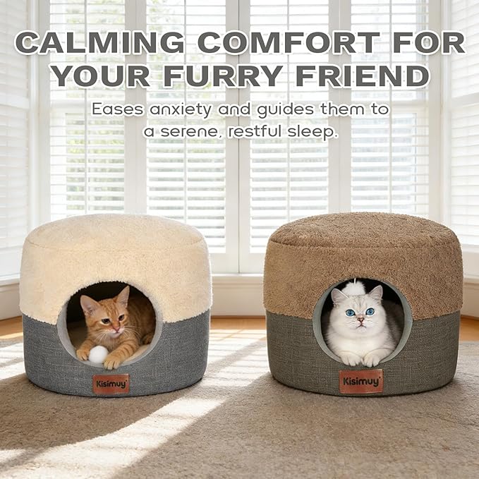 Cat Bed Cave for Indoor Cats, 2-in-1 Foldable Cat Cave & Lounge Bed with Reversible Cushion, Calming Anti-Anxiety Enclosed House for Small Dogs & Puppies, Donut Cozy Hideaway, 17.5 Inches (Brown)