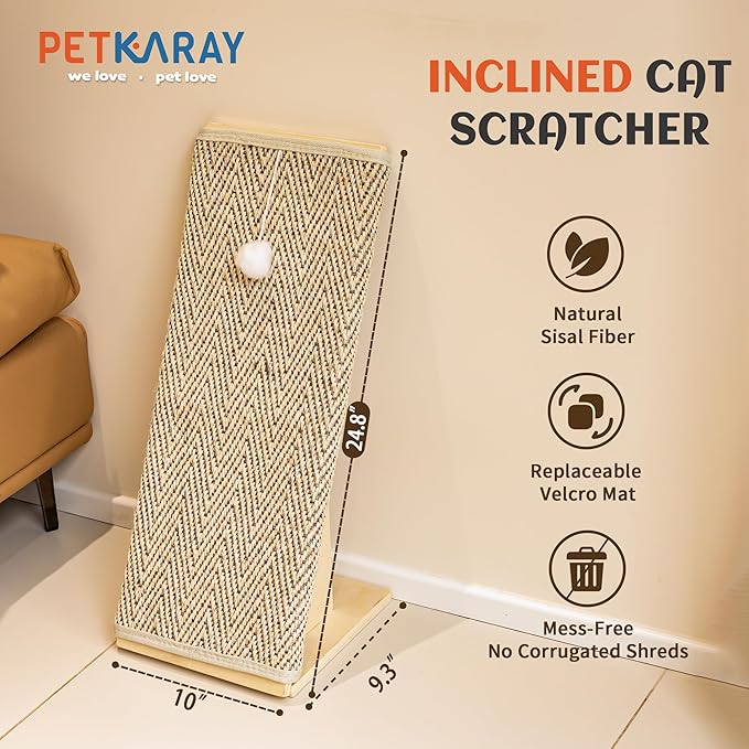 PETKARAY Inclined Cat Scratcher, Sisal Scratching Ramp for Indoor Cats, 24.8'' Cat Scratch Post for Couch, Replaceable Sisal Scratch Pad with Toy Ball, Chevron
