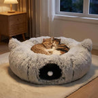 Interactive Cat Toys for Indoor Cats – 3-in-1 Cat Tunnel Bed with 2 Catnip Toys, Peekaboo Cat Cave & Donut Tunnel, Foldable Interactive Toy for Kittens & Small Pets, 32"