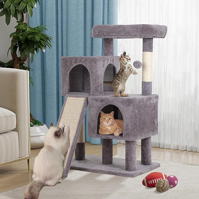 Cat Tree 36-Inch Cat Tower with Scratching Post Multi-Level Cats Condo with Ramp,Large Perch,Dangling Ball,Pet Play Tower for Kittens & Adult Cats(Ashy)