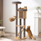 Modern Cat Tree Tower with Scratching Post, 61.5in Tall Cat Tree for Indoor Cats, Multi-Level Solid Wood Cat Furniture with Ladder, Cozy Cat Beds, Cat Condo, Capsule Nest, Dangling Toy, Gray