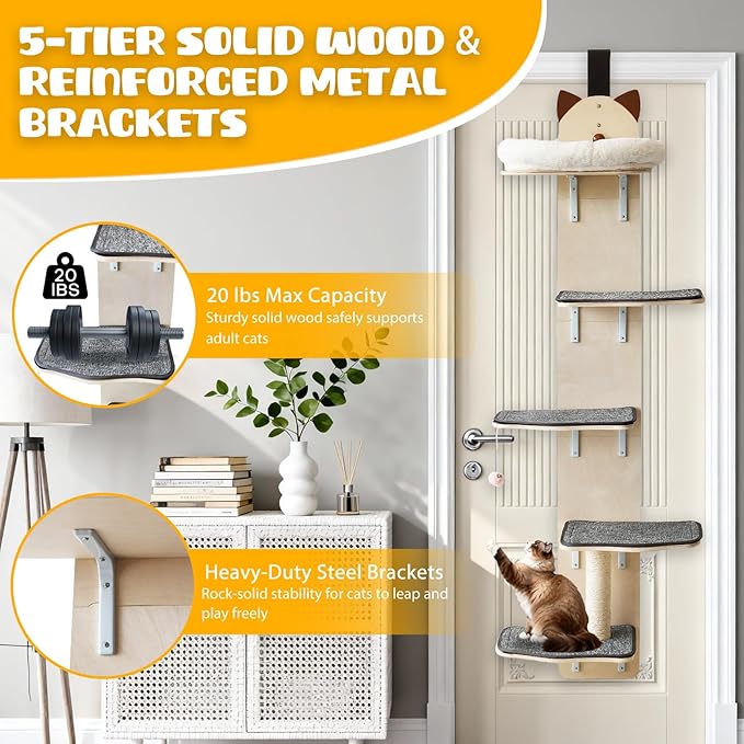 5-Levels Door Hanging Cat Climber, Vertical Door-Mounted Cat Tree Tower with Full Carpeted Plank & Cat Scratching Post for Small Medium Cats (5-Levels, Cat Head Style)