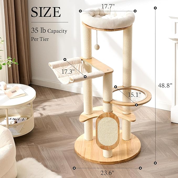 797Audio Modern Wood Cat Tree Tower, 49" Cat Tree with Sisal Scratching Posts, Capsule, Hammock and Scratch Pad for Indoor Cats, Solid Rubber Wooden Cat Tree, Multi-Level Tree for Large Adult Cat