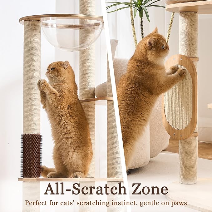 Modern Cat Tree Tower with Scratching Post for Indoor, Solid Wood Multifunctional Cat Tree Tower with Soft Bed, Space Capsule, Sisal Scratching Board, Grooming Post, Dangling Ball