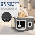 Shikha Cat Beds for Indoor Cats, Large Cat Cave with Cozy Condo, Fluffy Ball, Round Window, Foldable Indoor Cat House Hold Up to 30LBS, Cat Hideaway with Reversible Cushions for All Seasons, Grey