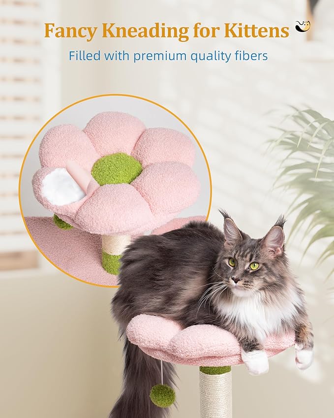 Flower Cat Tree for Indoor Cats, 2-Door Large Cat Condo Cave Bed for Big Adult Cats, 41.2'' Cute Cat Tower with Scratching Posts, Cozy Floral Perch and Hammock for Kittens, Green Pink