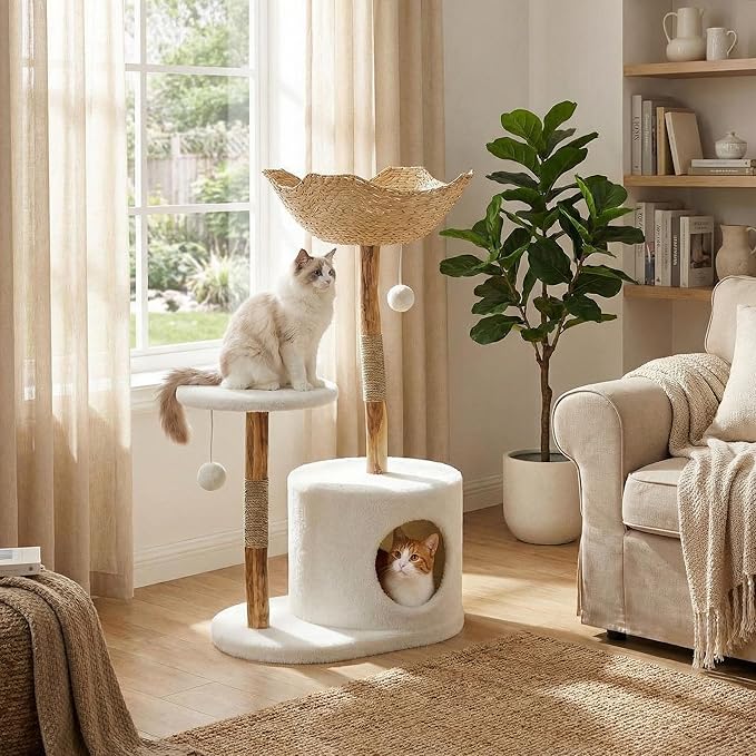 Natural Modern Cat Tree Tower, 40" Tall Solid Wood Cat Condo with Cozy Baskets, Scratching Posts, Flower Platforms & Dangling Ball, Luxury Aesthetic Cat Furniture for Small & Large Indoor Cats (White)