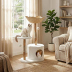 Natural Modern Cat Tree Tower, 40" Tall Solid Wood Cat Condo with Cozy Baskets, Scratching Posts, Flower Platforms & Dangling Ball, Luxury Aesthetic Cat Furniture for Small & Large Indoor Cats (White)