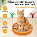 Extra-Large Round Cat Scratcher Bed with Ball Track – 3-in-1 Circular Cardboard Scratching Pad with Feather Toys – Interactive Cat Toy Round Track for Large Breeds Like Maine Coons (Orange)