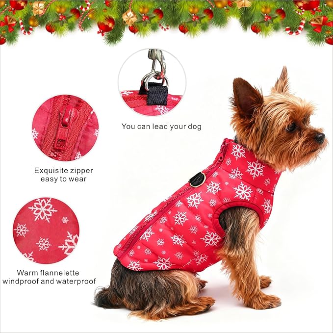 Idepet Pet Dog Cat Coat with Leash Anchor Color Patchwork Padded Puppy Vest Jacket Teddy Chihuahua Costumes Pug Cloth XS S M L(X-Large,Red-Snowflake)