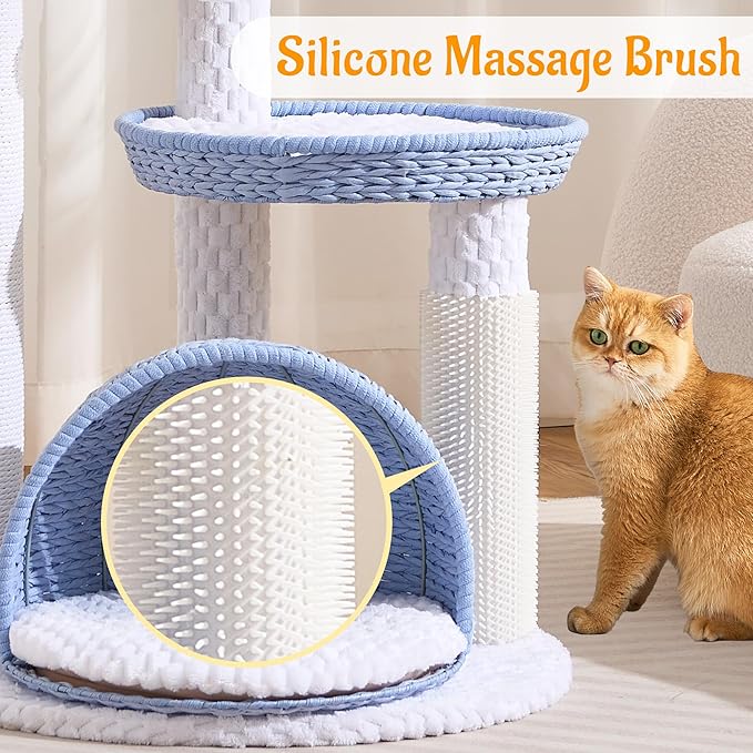 HITTITE Modern Cat Tree Tower with Scratching Post, 46 Inches Tall Cat Towers with Woven Cat Nests and Cave, Multi-Level Cat Tree With Removable Cushions and Massage Brush for Indoor Cats Large Adult.