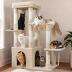 Heybly Heavy Duty Cat Tree, Tower for Indoor Cats Large Adult, Tall Cat Condo House with Extra-Large Baseboard, Multi-Level Plush Furniture with Scratching Posts, Hammock,Toy Balls, Beige HCT026M