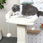 34" Cat Scratching Post for Indoor Cats, Sisal Cat Scratcher with Large Plush Perch, Vertical Posts with Elevated Bed and with Two Dangling Balls, Removable & Washable Cover, Beige White