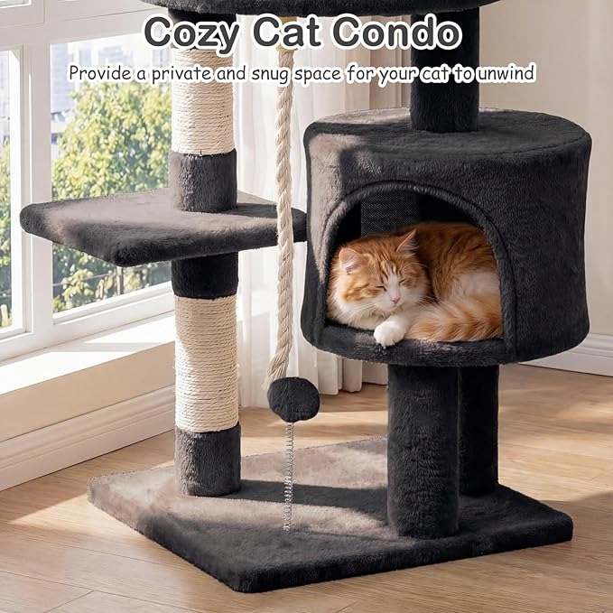 Tangkula 36 Inch Cat Tree Tower, Multi-Level Cat Tower with Condo, Top Perch, Sisal Scratching Posts & Hanging Rope, Spring & Hanging Balls, Climbing Platforms for Indoor Cats and Kittens (Dark Gray)
