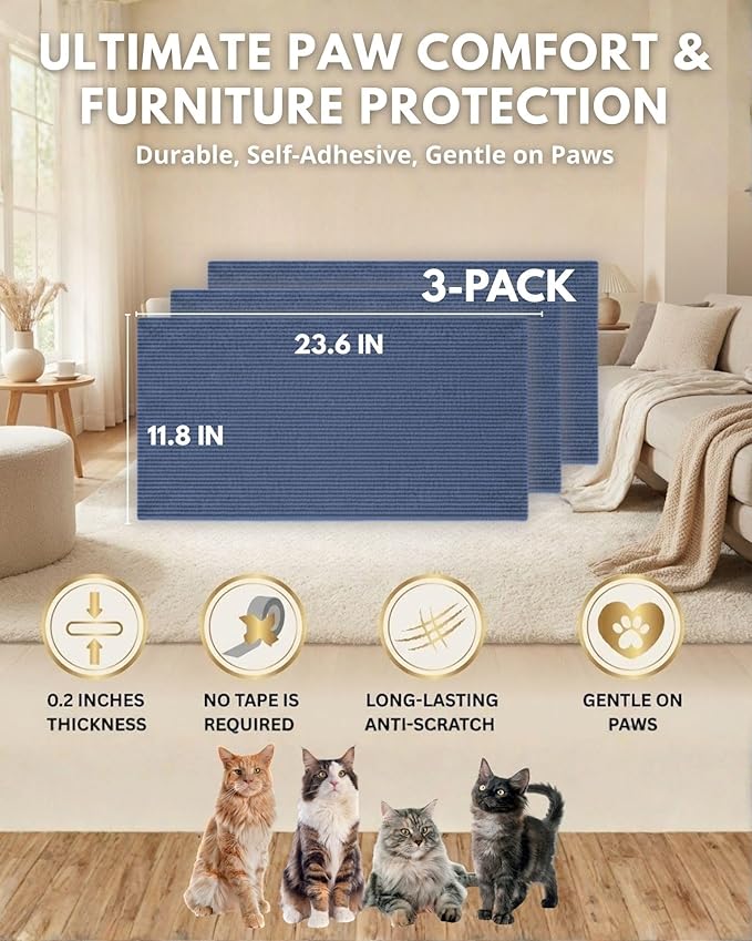 Trimmable Self-Adhesive Cat Scratch Mat, DIY Climb Scratcher for Cat Tower, Couch, and Furniture Protector, Replacement Pads (Blue, 23.6''x11.8'', 3-Pack)