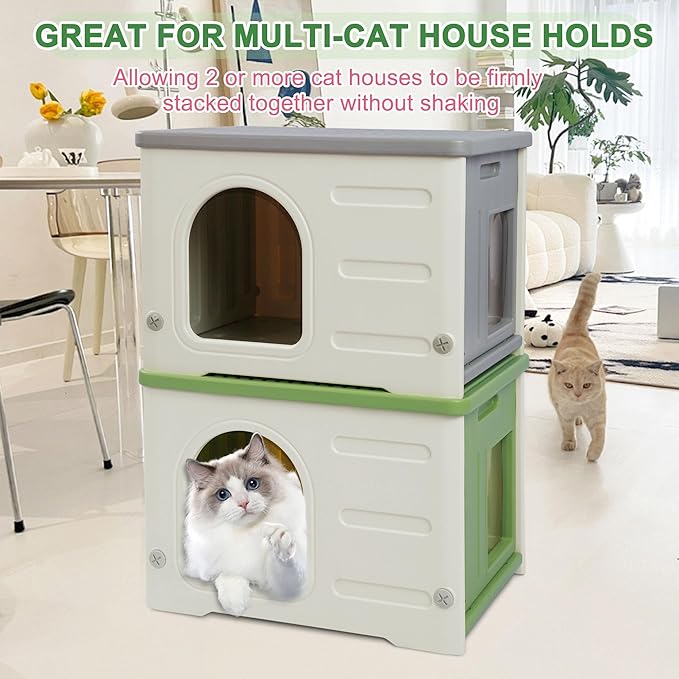 Plastic Cat House for Outdoor Indoor Use, Feral Cat Shelter Indoor Stackable Cat House Insulated Weatherproof Waterproof -Green
