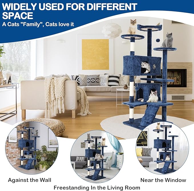 54 Inch Tall Cat Tree Tower: Multi-Level Cat Condo with Scratching Post, Toys & Kitten Rest, Navy Blue