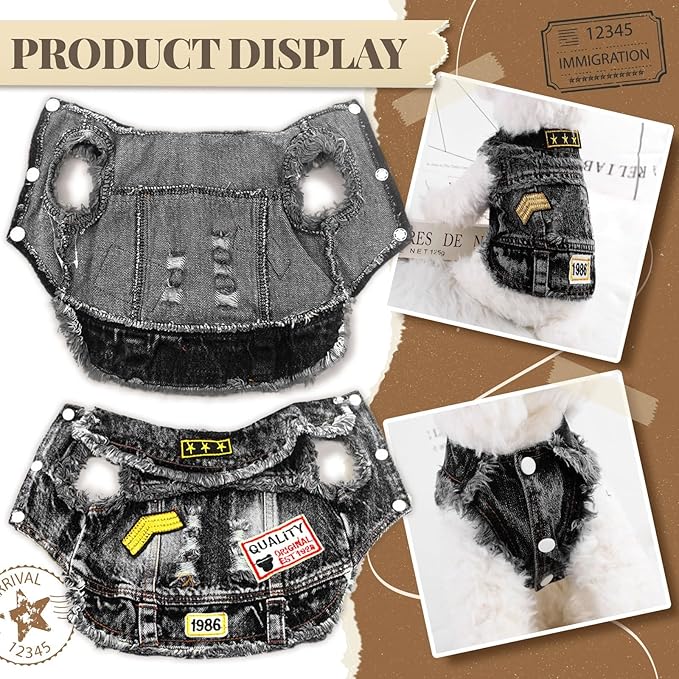 Cool Dog Jean Jacket Small Puppy Outfits Frenchie Clothes Denim Coats for Small Medium Dogs Cats Boys Girls Pet Vest Dog Shirt Clothing Doggy Costume (Black Print, XL（Suggest 12-16 lbs）)