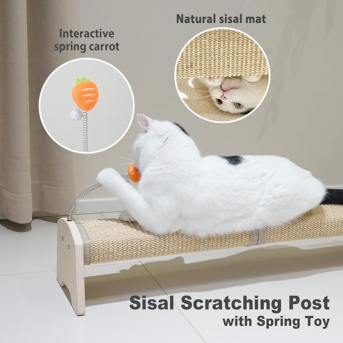 Meeyoview 30" Horizontal Scratching Post, Sisal Cat Scratcher with Spring Toy, Large Floor Mount Scratching Pad, Furniture Protector for Indoor Cats, Oval