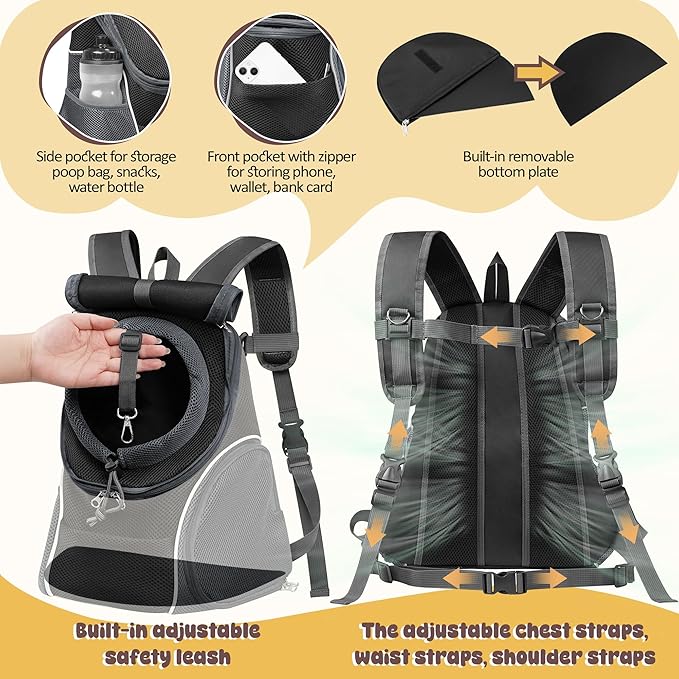 WOYYHO Pet Dog Carrier Backpack with Top and Side Windows, Small Dog Front Backpack Ventilated Dog Back Pack with Safety Belt for Travel Hiking Outdoor Adventures (Size L: 10-14 lbs, Black 2.0)