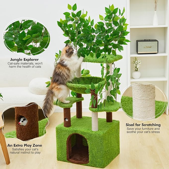 60 inch Cat Tree with Leaves for Climbing, Hiding and Sleeping Cat Tower with Hammock, Scratching Post and Large Cat House