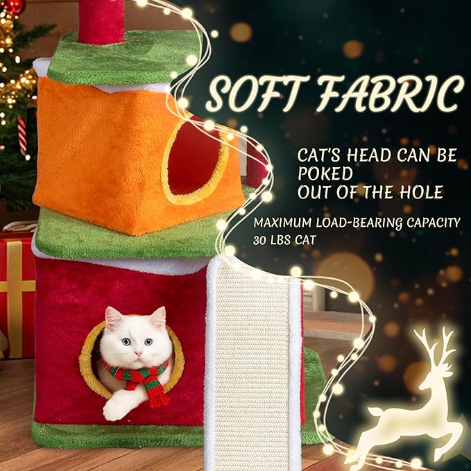 VINGLI 48.5IN Christmas Themed Plush Cat Tree, Multi-Level Cat Tower with 2 Cat Condos, Top Reindeer Antler Perch, Sisal Ramp Scratching Board & Posts, Large Indoor Cat Tree Activity Center Kittens