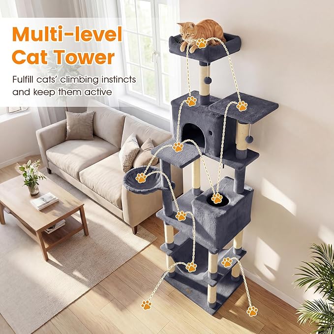 PETSITE 80-inch Tall Modern Cat Tree, Multi-Level Cat Tower with 2 Comfy Condos, Sisal Scratching Posts, Side Basket, Snug Hammock, and Dangling Balls, Ideal for Indoor Cats and Kittens (Dark Grey)