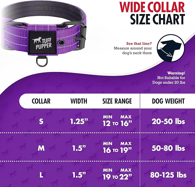Tuff Pupper Heavy Duty Tactical Dog Collar | 1.25" Wide Ballistic Nylon | Reflective Stitching | Integrated ID Tag Holder | Stainless Steel Buckle | Padded Lining | Small & Medium Dogs (Purple, Small)