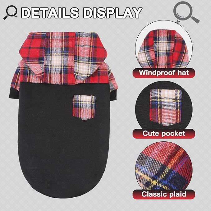 Plaid Dog Hoodie - Warm Sweatshirt with Hat & Leash Hole, Soft Fleece Pullover for Small to Large Dogs