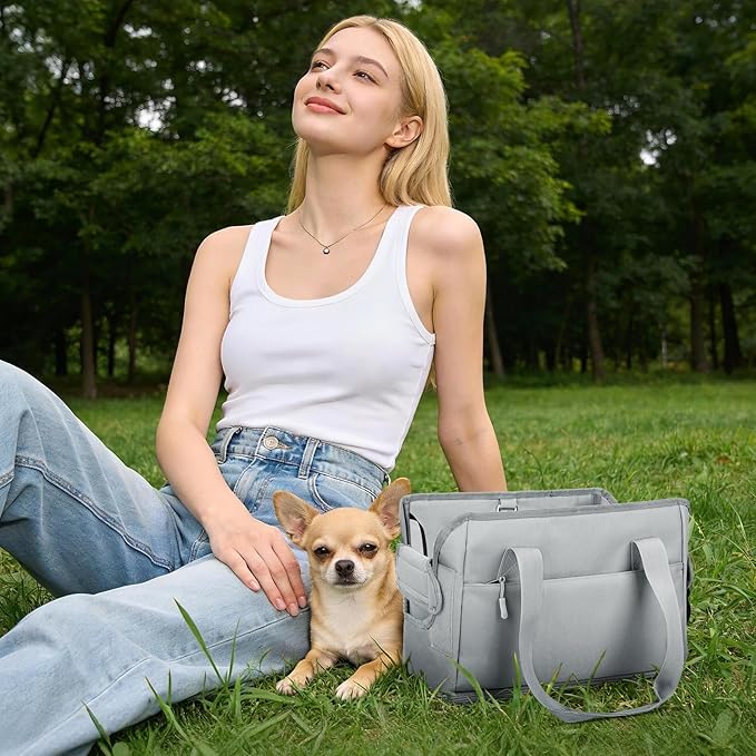 Dog Purse Carrier for Small Dogs Under 10 lbs with Pockets Adjustable Soft Sided Pad Extendable Dog Carriers Tote for Puppies with Safety Leash Clip for Travel Shopping (Gray)