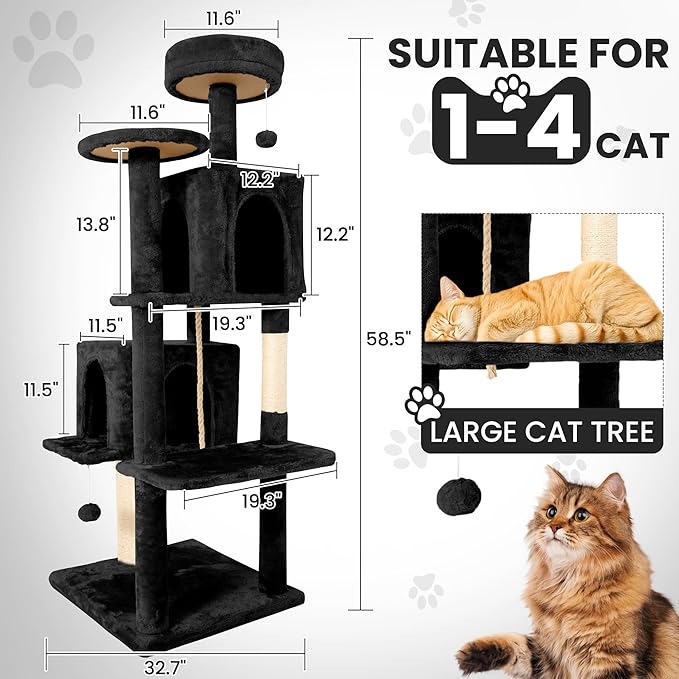 58.5inch Large Cat Tree Tower Condo for Indoor Cats, Soft Plush Multi-Level Climbing Tree Cat House with Cat Cave, Scratching Post, More Entrance/Exit, Sisal Rope, Night Black