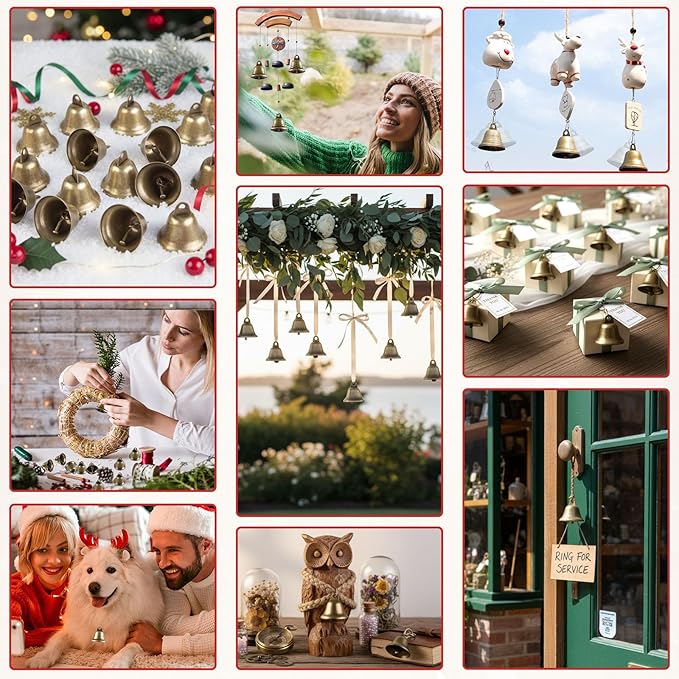 BigOtters Craft Bells, 16PCS Bronze Jingle Vintage Bells (1.5" X 1.7") with Spring Hooks Hanging for Wind Chimes Housebreaking Making Dog Potty Training Doorbell Wedding Decor DIY Favor