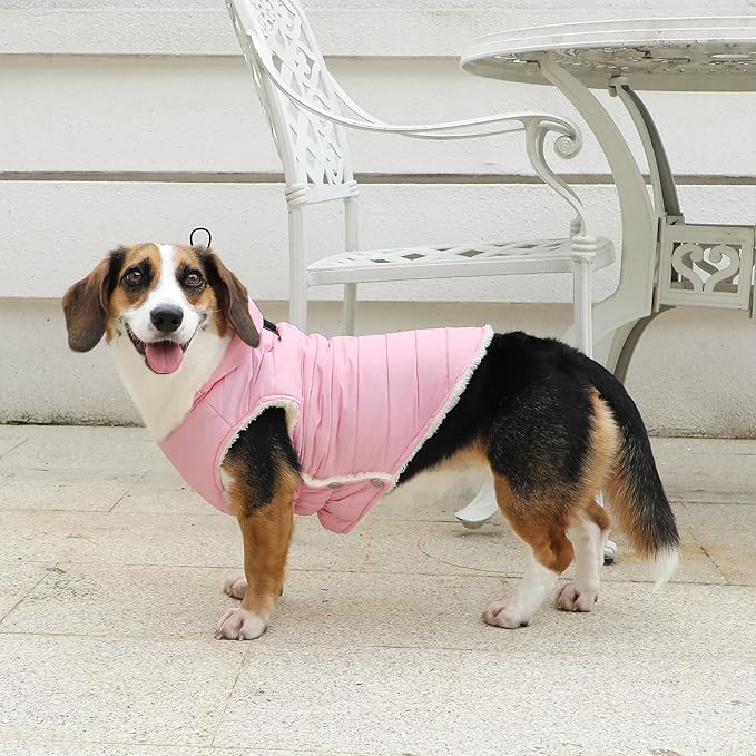 Fleece Lining Dog Hoodie with Harness Built in,Extra Warm Large Dog Jacket in Winter Doggie Coats with Drawstring Hooded,Light Pink XXL