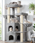 Globlazer Cat Tree Tower for Indoor Cats, Sturdy Adult Cat Tree House for Large Adult Cats with 2 Platform, 6 Cat Scratching Post, 2 Cat Caves, Dangling Toys, S63, 63 inch, Light Grey