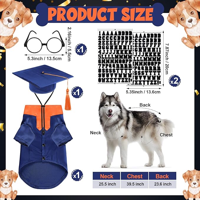 5 Pcs Dog Graduation Costume Set Include 2026 Pet Graduation Gown with Stole Puppy Grad Cap Lensless Glasses DIY Letter Stickers for Dogs Cats Holiday Costume Accessory(Blue Orange,XXL)