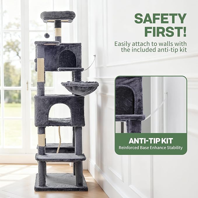 Simple Deluxe 66In Cat Tree for Indoor Cats, 6-Level Cat Tower with Sisal Scratching Posts, Enclosed Cat Condo & Hammock, Space-Saving Corner Design, Stable Wide Base for Multiple Kittens, Dark Gray
