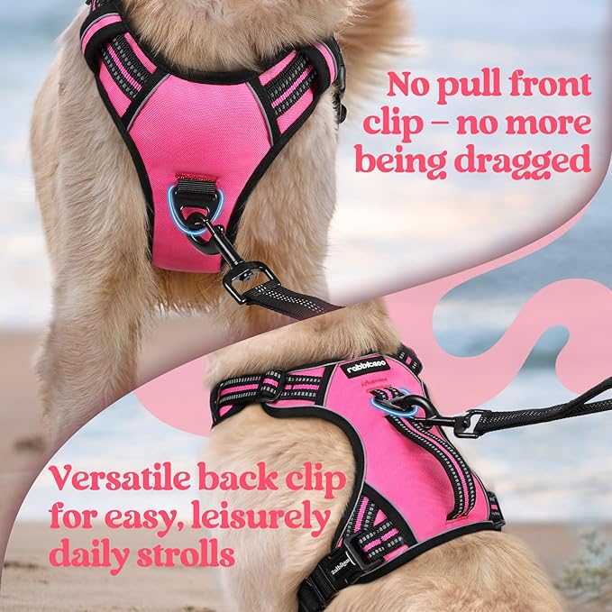 rabbitgoo Dog Harness for Large Dogs, No Pull Pet Harness with Soft Padded Handle, Adjustable Reflective Vest with 3 Buckles, Easy Walking Harness with 2 Leash Clips, Pink, L