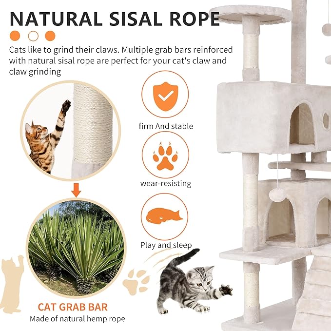 Heavy Duty Cat Tree with 70-Inch Tall Tower, 3 Perches & 2 Cozy Condos, Sisal Pole & Ladders for Large Cats, Beige