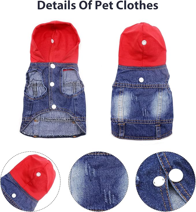 SILD Pet Clothes Dog Jeans Jacket Cool Blue Denim Coat Small Medium Dogs Lapel Vests Classic Hoodies Puppy Blue Vintage Washed Clothes (Red,XL)