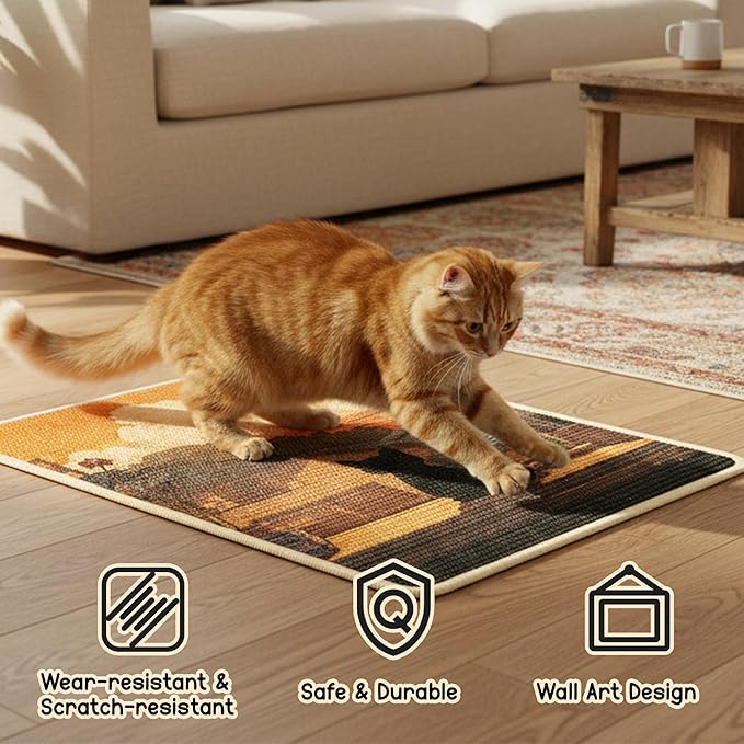 Sisal Cat Scratching Pad - Shedding-Resistant Wall Scratcher Mat for Indoor Cat, Kitten Art Print Sunset Scratching Mats for Carpet Couch Furniture with Adhesive Hook Loop Tape(24 * 16in)